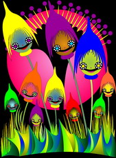 Jolly Daubs Digital Art: Little funny flower faces with pointed caps in front of a red moon.