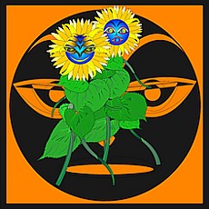 Jolly Daubs Digital Art: Two sunflowers in front of a mask.