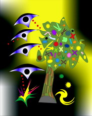 Jolly Daubs Digital Art: Star ships around a tree.