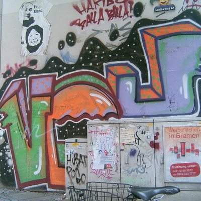 Graffiti and street art from a photo tour in Bremen including colourful sprayed tags and top-to-bottoms.