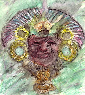 Aquarell nach einer Statue des Quetzalpapalotl aus Teotihuacan in Mexiko.