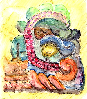 Aquarellstudie zu einer Statue des Xiuhcoatl, einer Gottheit im antiken Mexiko.