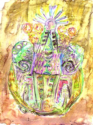 Aquarellstudie zur Lafone-Quevedo-Scheibe der Aguada-Kultur aus Argentinien.